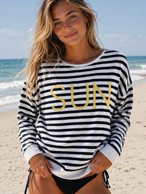 ☀️💙LOFT Women’s Striped Minimalist Coastal SUN Crewneck Sweater | M